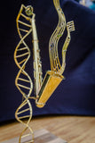 Music Art Sculpture Brass Sax with fused DNA double helix, Chester Allen handmade art,  tabletop Jazz Science Art collectible