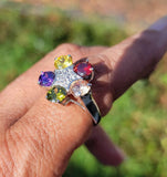 Sterling Silver Multi-Color Crystal Flower Statement Ring