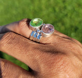 Handmade Sterling Silver Ring: Pink & Green Topaz Double Gem
