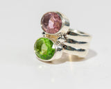 Handmade Sterling Silver Ring: Pink & Green Topaz Double Gem