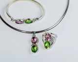 Handmade Pink & Green Topaz Pendant: Sterling Silver Omega Chain Necklace