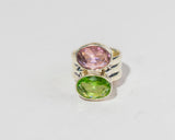Handmade Sterling Silver Ring: Pink & Green Topaz Double Gem