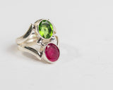 Handmade Sterling Silver Ring: Pink Ruby & Green Topaz, Size 6.5