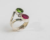 Handmade Sterling Silver Ring: Pink Ruby & Green Topaz, Size 6.5