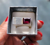 Handcrafted Silver Amethyst Ring: Etched Boxed Statement Jewelry, Size 7 1/2