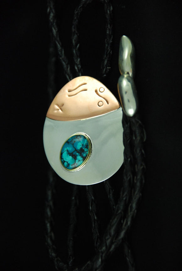 Silver men’s Bolo Turquoise silver and copper Bolo handmade design by Chester Allen
