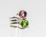 Handmade Sterling Silver Ring: Pink & Green Topaz Double Gem