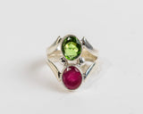 Handmade Sterling Silver Ring: Pink Ruby & Green Topaz, Size 6.5