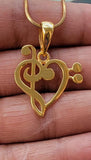 Gold Music Heart Pendant: Treble and Bass Clef, Handmade Jewelry Gift
