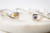 DNA Helix Gemstone Cuff Bracelet: Sterling Silver Genetic Code, Purple & Gold
