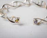DNA Helix Gemstone Cuff Bracelet: Sterling Silver Genetic Code, Purple & Gold