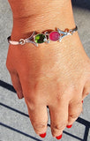 Handmade Sterling Silver Bangle: Ruby and Green Topaz Bracelet