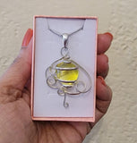 Handmade Silver Wire Wrapped Pendant Necklace, Yellow Glass Orb