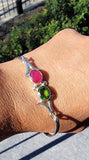 Handmade Sterling Silver Bangle: Ruby and Green Topaz Bracelet
