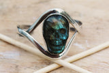 Skull Cuff Bracelet, Unique, hand-carved Labradorite, Sterling silver handmade jewelry perfect for halloween or everyday biker and goth wear