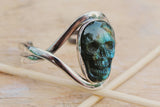 Skull Cuff Bracelet, Unique, hand-carved Labradorite, Sterling silver handmade jewelry perfect for halloween or everyday biker and goth wear