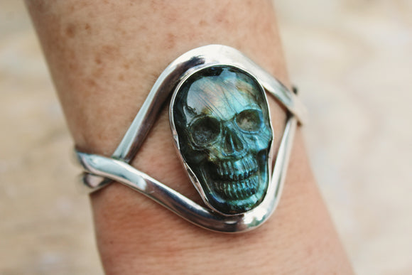 Skull Cuff Bracelet, Unique, hand-carved Labradorite, Sterling silver handmade jewelry perfect for halloween or everyday biker and goth wear