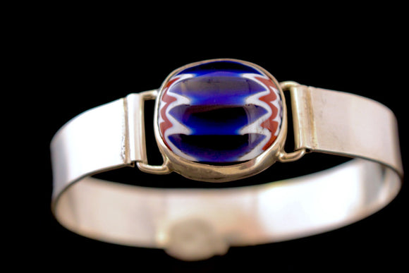 African trade bead bracelet,  sterling silver clip on bangle, gift for him