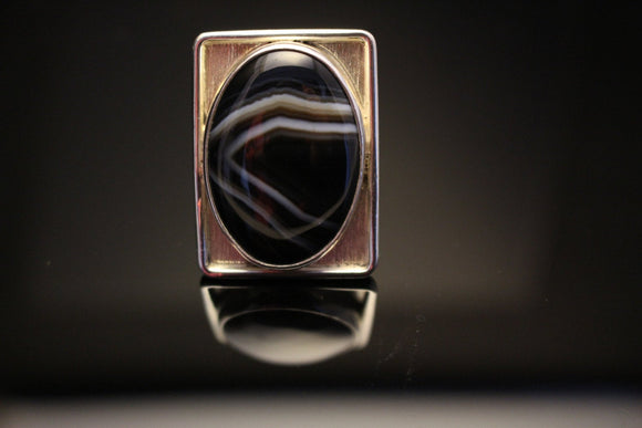 Silver Ring Black Stone Sardonyx August Birthstone Square outer shadowbox Stone of Strength Protection