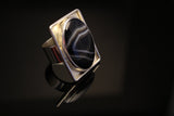 Mothers Day Gift, Silver Ring Black Stone Sardonyx August Birthstone Square outer shadowbox Stone of Strength Protection