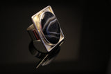 Mothers Day Gift, Silver Ring Black Stone Sardonyx August Birthstone Square outer shadowbox Stone of Strength Protection