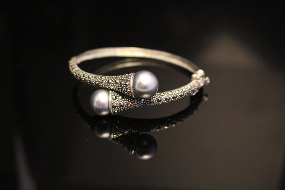 Gray Pearl bracelet with Marcasite set in sterling silver, Bangle gift for her, Mothers Day gift