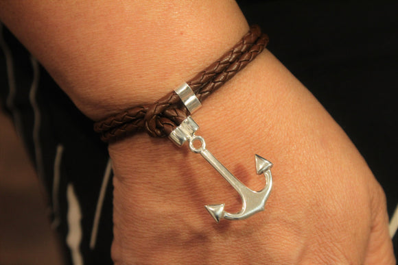 Mens anchor bracelet, leather bracelet with sterling anchor, Christian jewelry, Nautical bracelet for women, casual everyday wear
