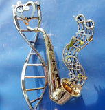 Music Art Sculpture Brass Sax with fused DNA double helix Chester Allen signature gallery art Mobile, wall mounted or tabletop Jazz Science