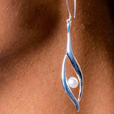 Mothers Day Gift, Silver Seed Earrings drop with Pearl science nature growth inspired handmade signed jewelry art