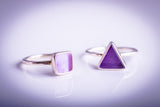 Purple ring, Solitaire sea glass ring, Square ring adjustable sterling silver band