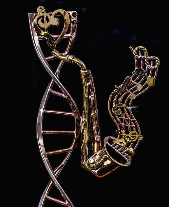 Music Art Sculpture Brass Sax with fused DNA double helix Chester Allen signature gallery art Mobile, wall mounted or tabletop Jazz Science