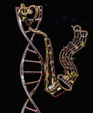 Music Art Sculpture Brass Sax with fused DNA double helix Chester Allen signature gallery art Mobile, wall mounted or tabletop Jazz Science