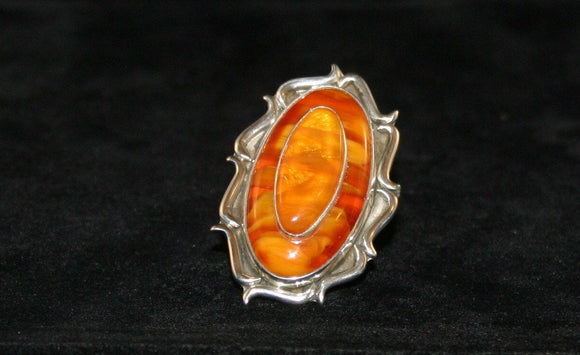 Silver amber ring  orange red cherry amber stone handcrafted detailing stone on stone statement unique design sized to order one of a kind