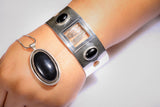 Mothers Day Gift for him, Silver cuff bracelet with onyx stones, handmade, one of a kind jewelry, unique mens bracelet