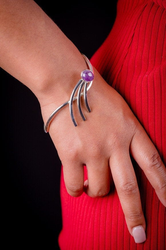 Mothers Day Gift, Silver amethyst cuff bracelet modern contemporary elegant one of a kind handmade as part of a set