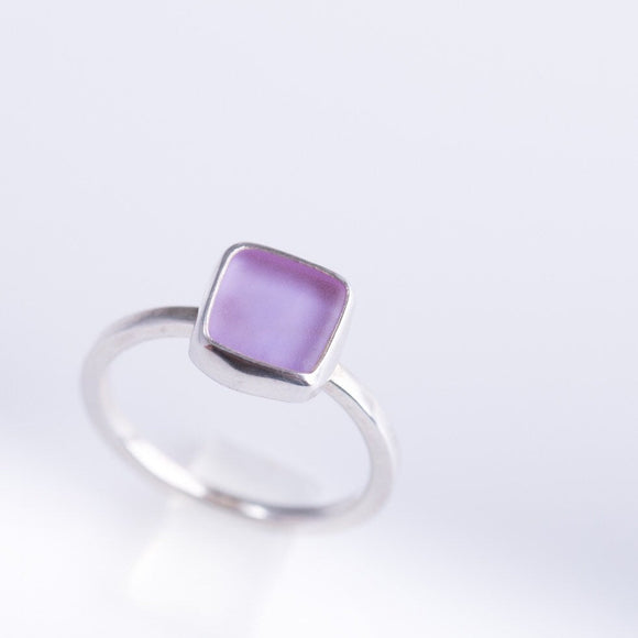 Purple ring square sea glass sterling silver