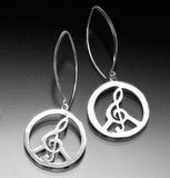 Peace sign Earrings, Music inspired, treble clef jewelry Handmade sterling silver power of love dangle earrings