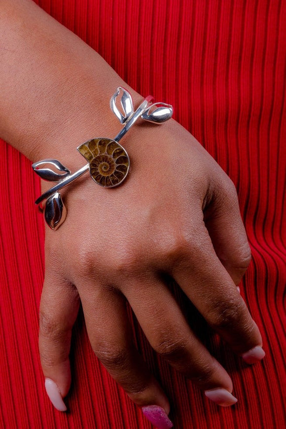 Silver cowrie cuff bracelet Ammonite fossil nautilus handmade golden spiral unique sterling statement bracelet
