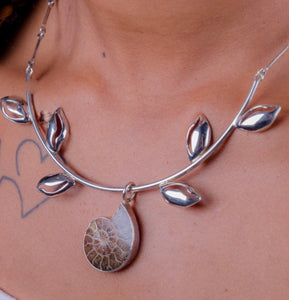 Silver cowrie necklace Ammonite fossil nautilus handmade golden spiral unique sterling statement necklace