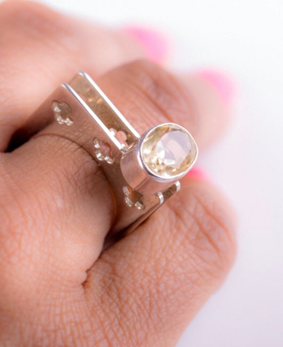 Stackable ring with stone set in Sterling silver, Statement stackable ring is handmade with cut out crosses.The citrine is faceted.