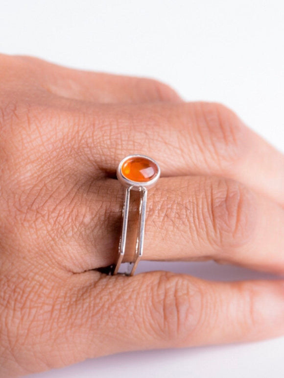 Stackable ring with Carnelian,Burnt orange oval stone set in Sterling silver, Statement stackable ring is handmade with cut out crosses.