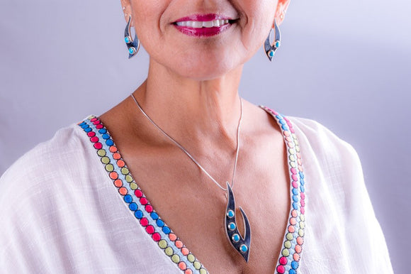 Mothers Day Gift, Silver Turquoise jewelry set, one of kind handmade sterling silver earring and necklace set