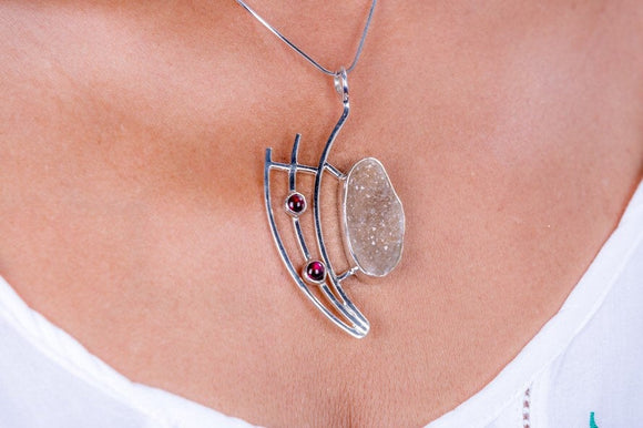 Mothers Day Gift, Aquarian Necklace,  Druzy crystal and garnet  avant garde sterling silver pendant, Chester Allen jewelry art