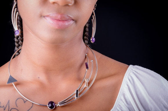 Modern silver choker amethyst onyx, Chester Allen one of a kind handmade necklace upscale jewelry art gift