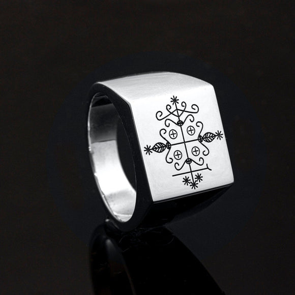 Papa Legba mens ring, Papa Legba veve signet ring, represents aspects of New Orleans, Haitian and African Spirit and Culture