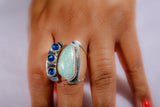 Silver Gemstone ring, Statement Handmade, One of a kind 3 Blue stones in crescent moon ,next to Tumbled chrysoprase light green stone