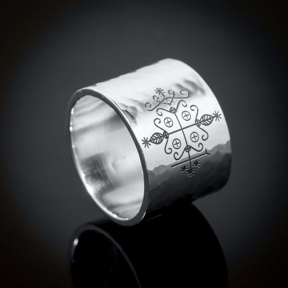 Papa Legba band veve ring silver mens or ladies associated with Africa And the diaspora includes New Orleans