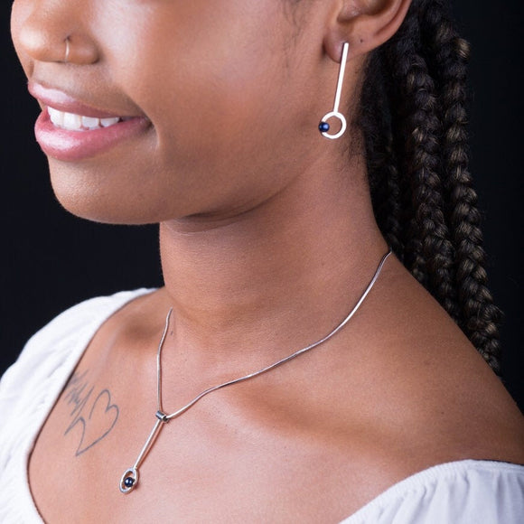 Mothers Day Gift, Silver and pearl jewelry set earrings necklace with black pearls