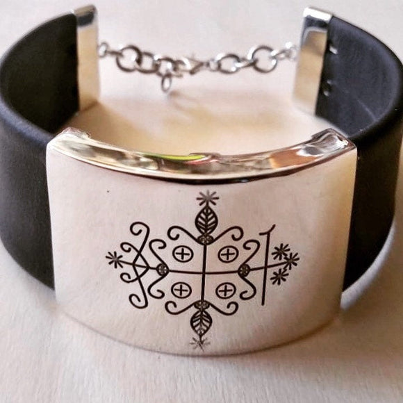 Papa Legba cuff, wide leather bracelet, Silver handmade engraved jewelry, Legba veve, gift for boyfriend, woman adjustable