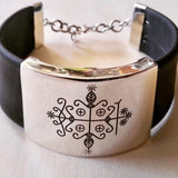 Papa Legba cuff wide leather bracelet Sterling silver handmade and engraved Legba veve. Great gift for man or woman adjustable closure.